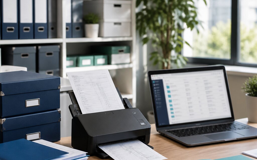 Dosare contabile organizate lângă un scanner și un laptop într-un birou luminos